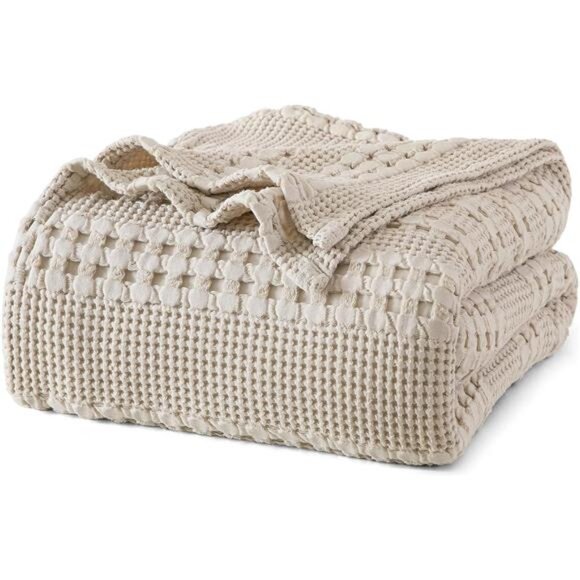 100% Cotton Waffle Weave Blanket King Size for Bed, Lightweight Washed Cotton - Picture 1 of 7